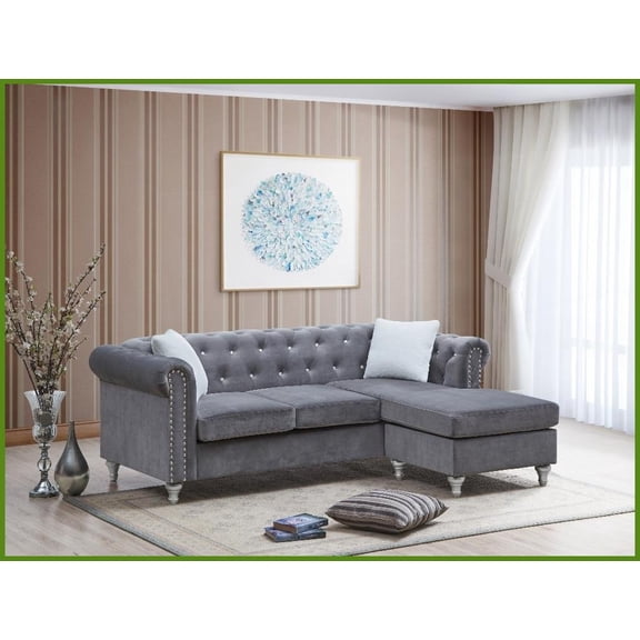 Sophisticated Gray Velvet Sofa Chaise  82 Wide Faux Jewel Tufting for Living Room Comfort