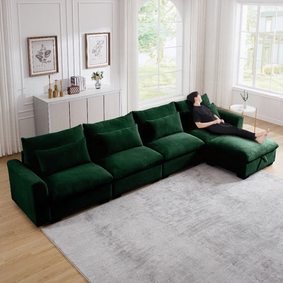Sophisticated Green L Shape Corduroy Sofa with Storage & Comfort