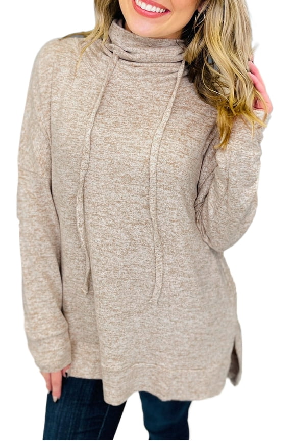 Sophisticated High Neck Long Sleeve Top with Adjustable Drawstring and Side Slit - Apricot - [ZhiHiMeRi] | (US 8-10)M