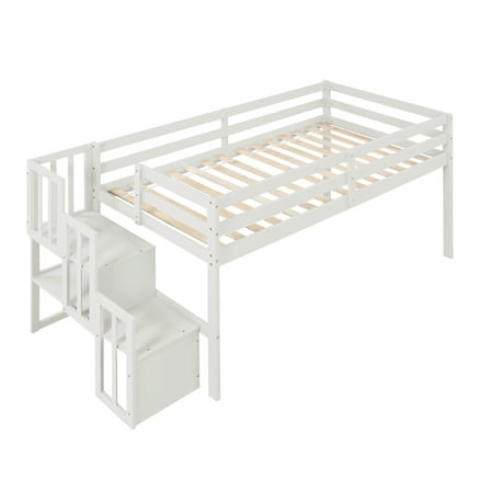 Sophisticated Loft Bed with Staircase, White, Pine and Plywood, Twin Size