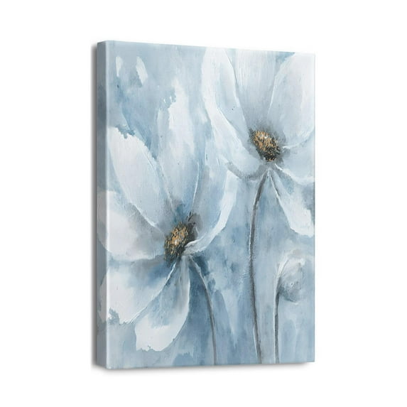 Sophisticated Navy Blue Floral Canvas Art Abstract Flower Painting on Vintage Gray Background, Quality Bathroom & Bedroom Wall Decor, 12X16 inches