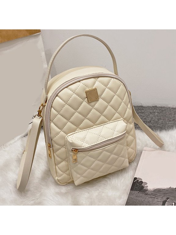 Sophisticated Quilted Work Backpack in White Premium Faux Leather Featuring Iron Plate Decoration Waterproof Large Capacity Perfect for Travel 9.84in / 25cm