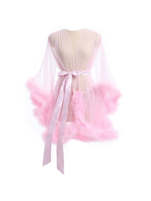 Sophisticated See Through Bathrobe Nightgown for Women Sheer Mesh Trim Lingerie Kimono Robe with Adjustable Belt