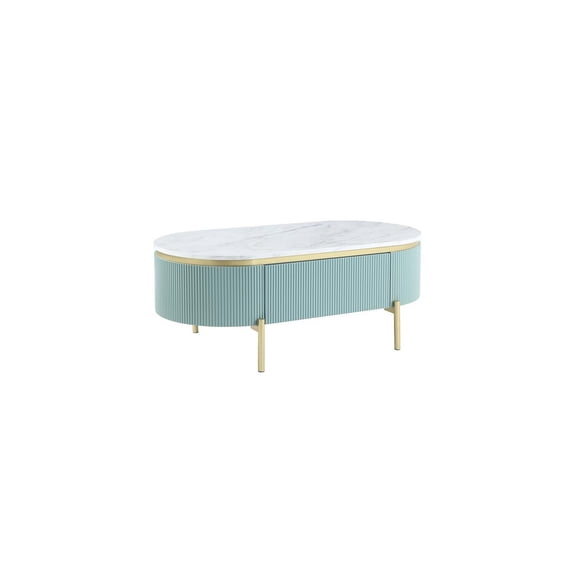 Sophisticated Simplicity 48 Inch Oblong Coffee Table with White Faux Marble Top Teal Reeded Edges and Gold Metal Frame with Concealed Drawer