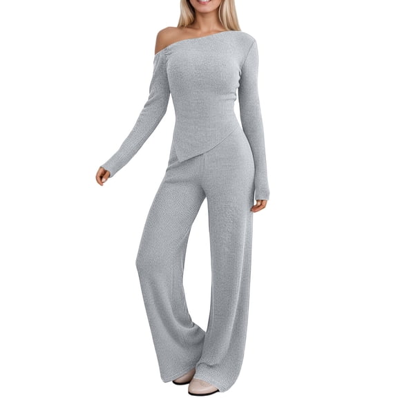Sophisticated Solid Color Off Shoulder Trousers Modern Casual Long Sleeve Top And Pant Outfit For Daily Wear