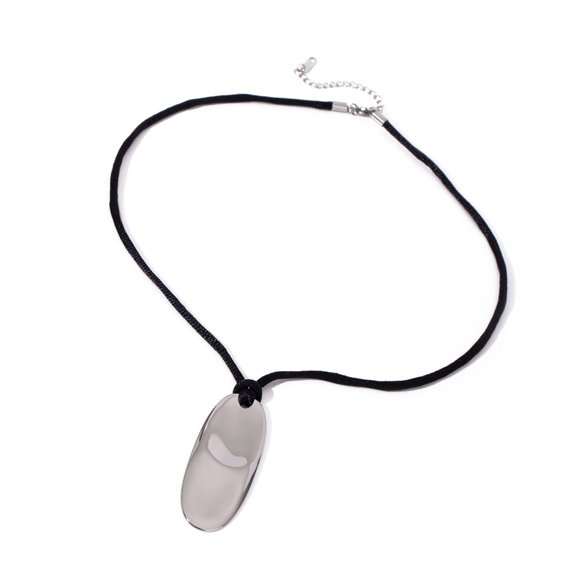 Sophisticated Stainless Steel Oval Smooth Convex Steel Pendant Black Rope Necklace ​​​​Choker Everyday Wear Neckchain