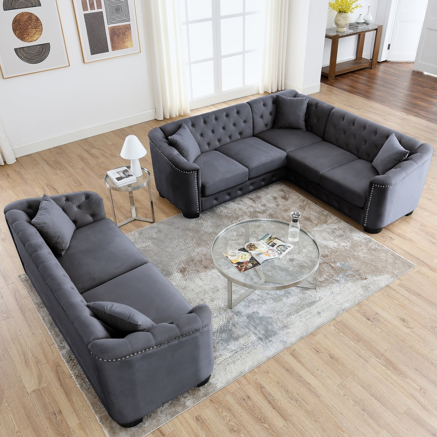 Sophisticated Velvet Grey Corner Sofa + 3Seater Combination Sofa