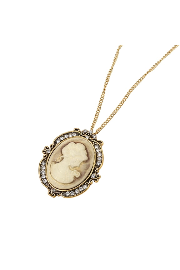 Sophisticated Victorian Lady Cameo Pendant Necklace Rhinestones Accent Jewelry