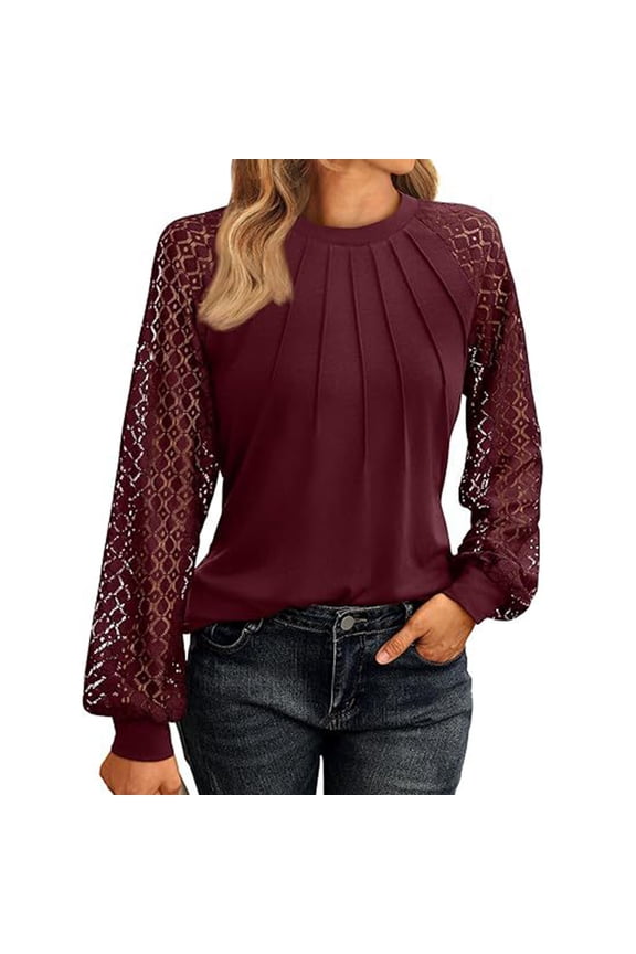 Feminine Long Sleeve Lace Blouse Polyester Women's Clothing Round Neck Suitable For Fashion Enthusiasts