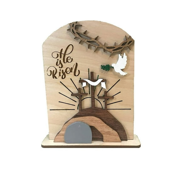 Sophisticated Wooden Tomb Scene Cross Ornament, High Precision Wood Fiber Interface for Spiritual Aesthetics, Sacred Religious Home Accent Piece