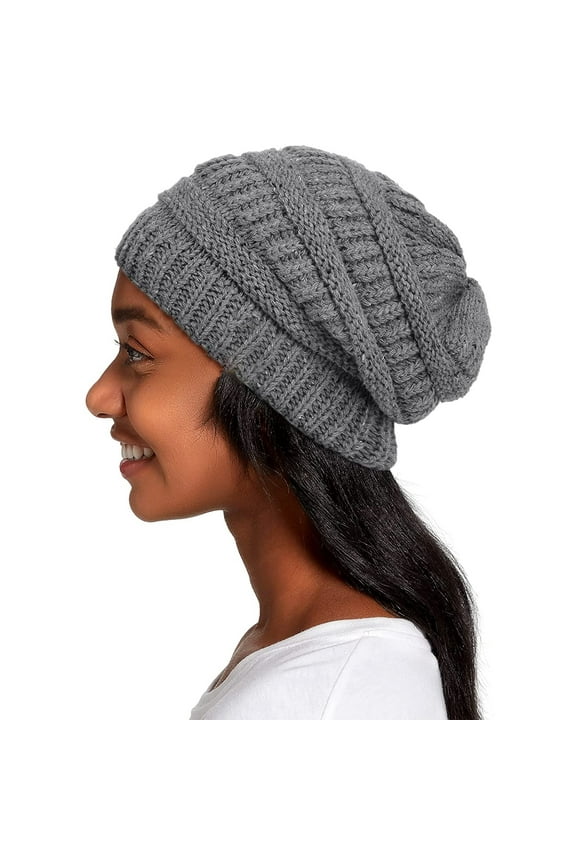Winter Hats for Women Satin Lined Beanie Stretch Thick Cable Warm Chunky Knit Hat, D.Gray