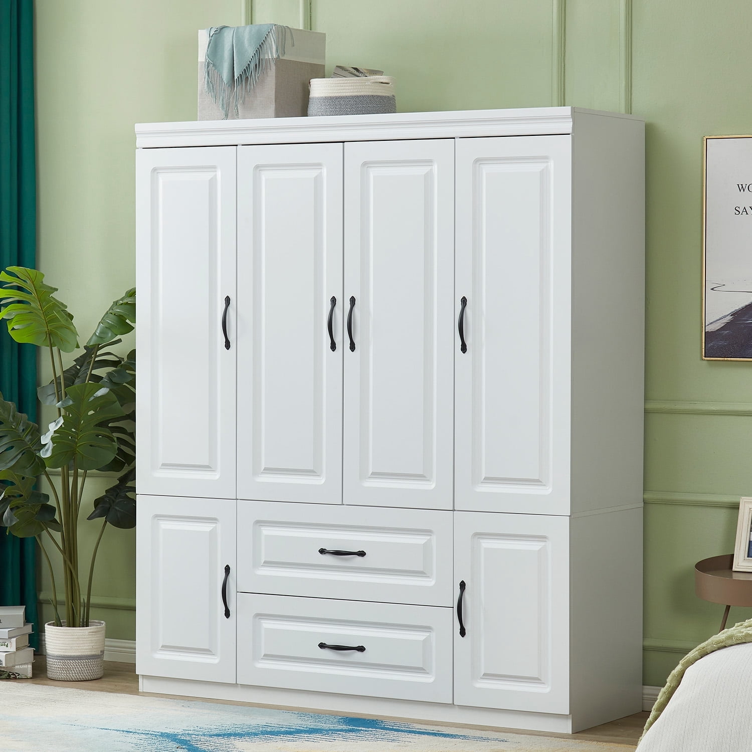 Sophshelter Armoire Wardrobe Closet : 4 Door Two Drawers White Cabinet Closet with High Storage Capacity with 2 Shelves & Hanging Rod Cabinet Closet Wardrobe