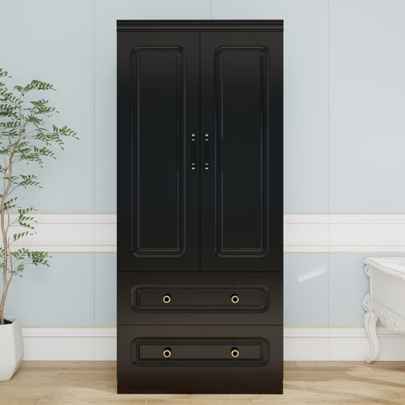 Sophshelter Black Armoire Wardrobe Closet with 2 Doors, 2 Drawers Wardrobe Closet Large Storage Cabinet with Hanging Rod & Shelves Wooden Wardrobe Cabinet for Bedroom