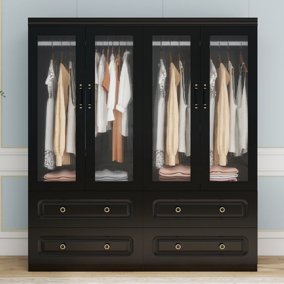 Sophshelter Black Armoire Wardrobe Closet with 4 Doors, 4 Drawers Wardrobe Closet Large Storage Cabinet with 2 Hanging Rods & Shelves Modern Wardrobe Closet for Bedroom