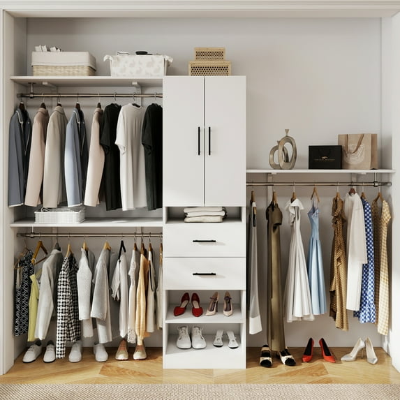 Sophshelter Closet Organizer System Wardrobe Storage 2 Door White Tall Cabinet Closet with 2 Drawers and Walk-in Garment Rack 96" L x 15.7" W x 70.8" H