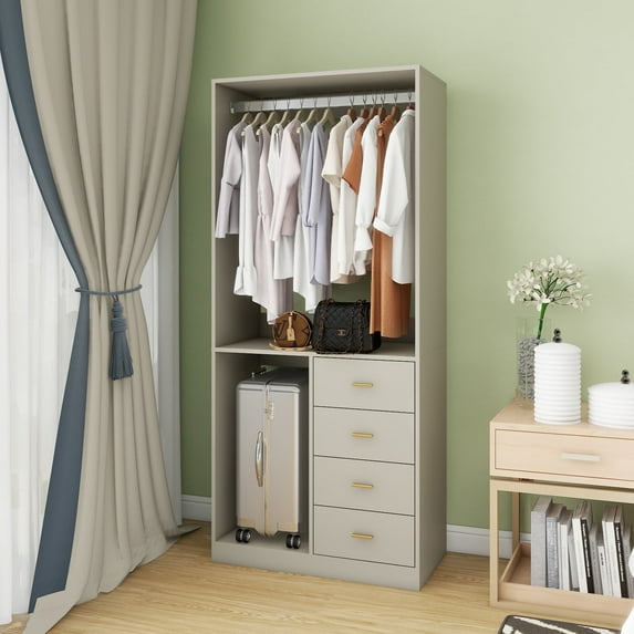 Sophshelter Grey Closet System: Walk-in Closet Organizer System Wall Mount with 4 Drawers Closet Kit with 2 Shelves Hanging Rod Metal Handles Built-in Storage Organization 31.5"W x 15.7"D x 70.8"H