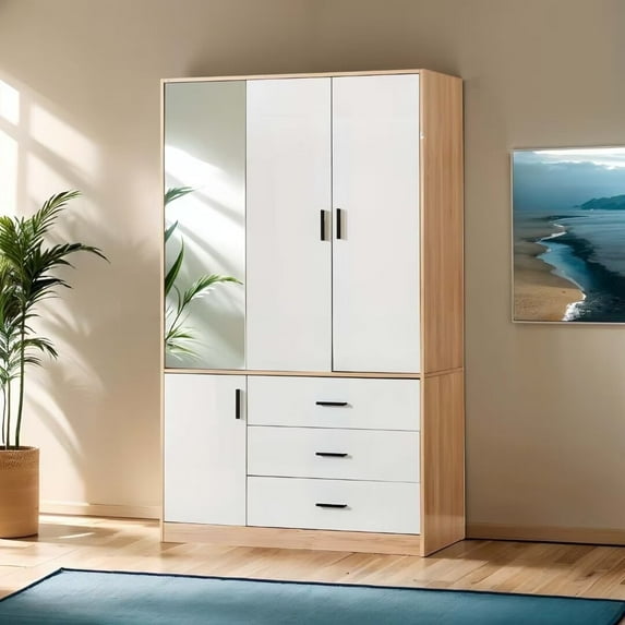 Sophshelter Mirror Armoire Wardrobe Closet: 3 Door 3 Drawer Wood Armoires and Wardrobes Closet with Hanging Rod Large Storage White Armoire Wardrobe Closet Cabinet for Bedroom
