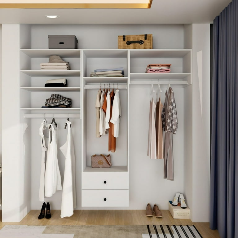 Sophshelter Modular Closet Storage System Versatile Freestanding Wall Mounted Cabinet with 3 Hanging Rods 2 Drawers Ideal for Bedroom Walk In Closet White 86.6 W x 16.3 D x 70.8 H Walmart