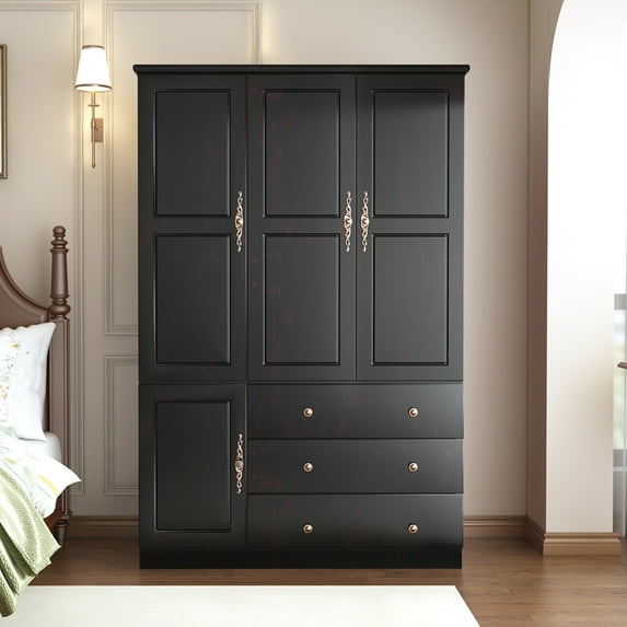 Sophshelter 100% Solid Wood Armoire Wardrobe with 3 Doors: Solid Wood Armoire Closet with 3 Drawers, Armoires and Wardrobes with 3 Shelves and Hanging Rod, Solid Wardrobe for Bedroom, Expresso Finish