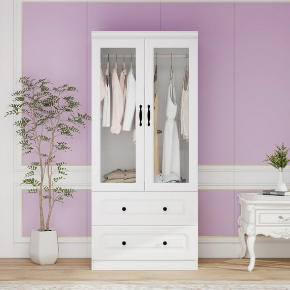 Sophshelter White Armoire Wardrobe Closet with 2 Doors, 2 Drawers Wardrobe Closet Spacious Storage Cabinet with Hanging Rod & Shelves Modern Wardrobe Cabinet for Bedroom