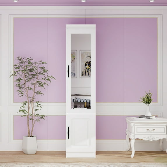 Sophshelter White Armoire Wardrobe Closet with Mirror and Single Door Wardrobe Closet Simple Storage Cabinet with Hanging Rod & Shelves Modern Wardrobe Closet for Bedroom