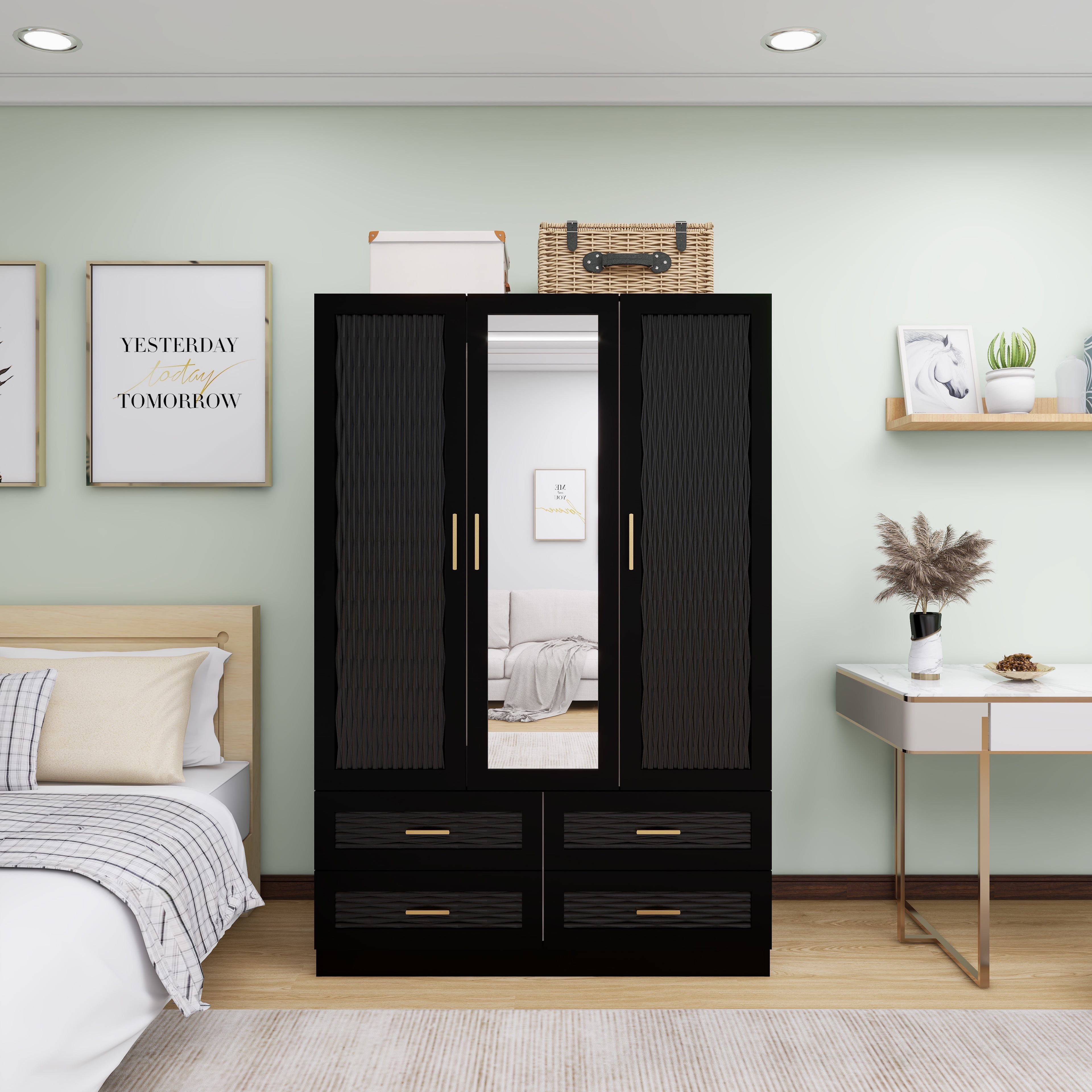 Sophshelter Wooden Armoire Wardrobe Closet: Black Wardrobe Bedroom  Organization 3 Doors Hanging Rods 4 Drawers Mirror Shelving Capacity  Wardrobe Cabinet 47.24\, image size:3840x3840
