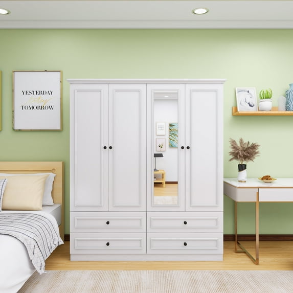 Sophshelter Wooden Armoire Wardrobe Closet in White: 4 Doors, 2 Hanging Rods, 4 Drawers, Clothes Cabinet, Mirror Armoire with Ample Storage Capacity for Bedroom 61.42"W x 20.59"D x 70.87"H