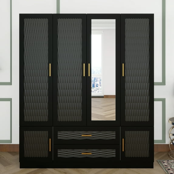 Sophshelter Wooden Armoire Wardrobe: Wardrobe with 4 Doors, 2 Hanging Rods, 3 Drawers, 2 Mirrors, and Shelves,Wood Closet Storage Capacity Organizer Cabinet Bedroom Black 61.42"W x 19.69"D x 70.87"H