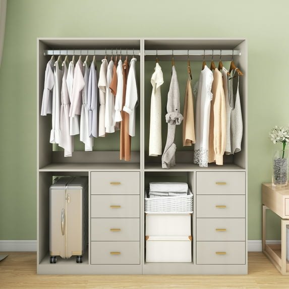 Sophshelter Wooden Grey Closet System: Free Standing Closet Organizer 8 Drawers Shelves 2 Hanging Rods Built-in Storage Wooden Closet System Closet Racks and Shelving 63''W 15.7''D 70.8''H
