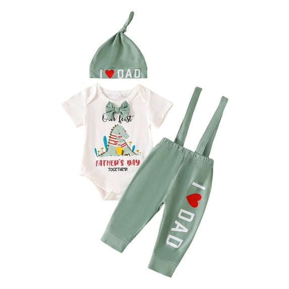 Sopiago My 1st Father's Day Baby Boy Outfit Short Sleeve Bowtie Romper I Love Dad Suspender Pants Hat 3 Piece Baby Boys' Clothing Sets 0-3 Months,Green