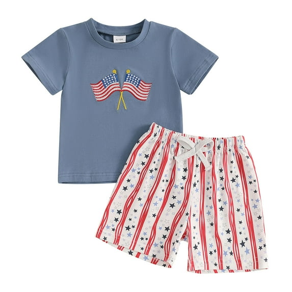 Sopiago 4th Of July Baby Boy Outfit T Shirt Shorts 2pcs Set Toddler Fourth Of July Outfits for Toddler Boys Summer Cute Clothes Blue,18-24 Months