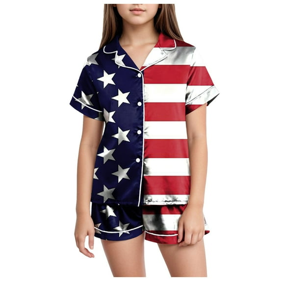 Sopiago 4th Of July Kids Girls Pajama Set Silky PJS Button-Down Sleepwear Nightwear Loungewear Clothes Set Gifts for Toddler Kids Dark Blue,12-13 Years