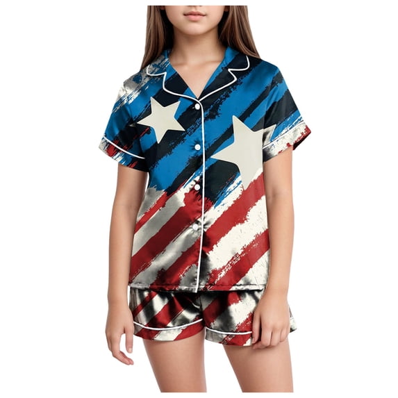 Sopiago 4th Of July Kids Girls Pajama Set Silky PJS Button-Down Sleepwear Nightwear Loungewear Clothes Set Gifts for Toddler Kids Blue,10-11 Years