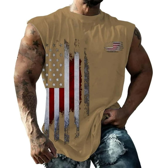 Sopiago 4th of July Shirts for Mens Muscle Tank Top 1776 Sleeveless Graphic Gym Workout Tank Tops for Men American Flag Shirt Khaki,XL