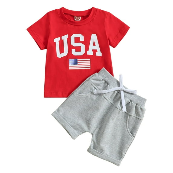 Sopiago 4th of July Toddler Baby Boy Outfits Letter Print Short Sleeve T Shirt Tops Solid Drawstring Shorts Summer Clothes Set Red,18-24 Months