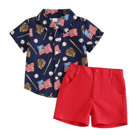 Sopiago 4th of July Toddler Boy Outfits Button Down Dress Shirt Shorts Gentleman Summer Clothes for Baby Boys Blue,3-4 Years