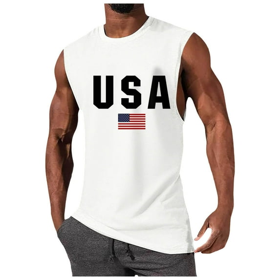 Sopiago American Flag Tank Top Men 4th of July Shirts USA Print Patriotic Sleeveless Muscle Tee Tops Workout Tank Tops for Men White,XXXL