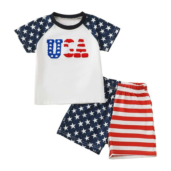 Sopiago Baby Boy 4th Of July Outfits Toddler Independence Day Short Sleeve T-shirt Solid Shorts Set Summer Clothes for Toddler Boys Blue,18-24 Months