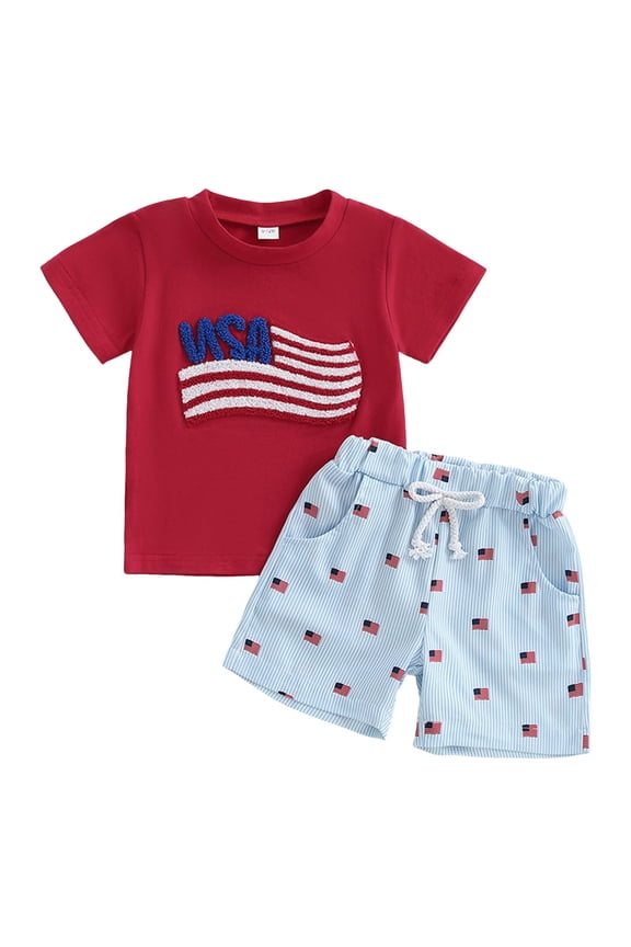 Baby Boy 4th Of July Outfits Toddler Independence Day Short Sleeve T-shirt Solid Shorts Set Summer Clothes for Toddler Boys Red,3-4 Years