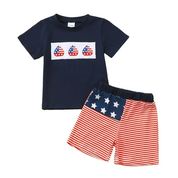 Sopiago Baby Boy 4th of July Summer Clothes American Flag Short Sleeve T Shirt   Solid Shorts Toddler 2PCS Outfits Set Dark Blue,3-6 Months