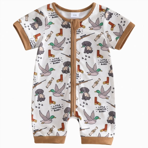 Sopiago Baby Boy Camo Hunting Clothes Deer/Mallard Duck Romper Zipper Jumpsuit Little Hunting Buddy Summer Outfit Brown,12-18 Months