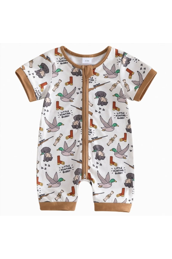Baby Boy Camo Hunting Clothes Deer/Mallard Duck Romper Zipper Jumpsuit Little Hunting Buddy Summer Outfit Brown,12-18 Months