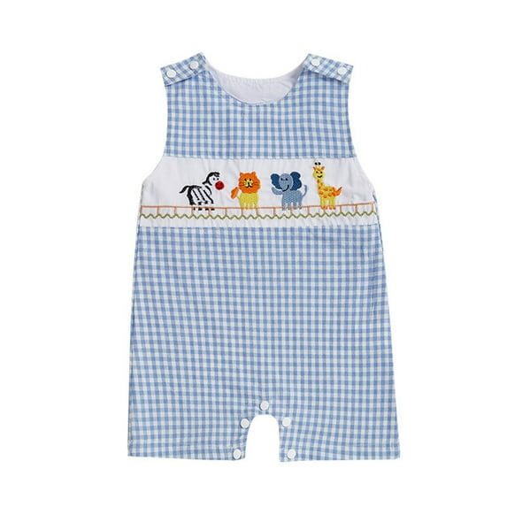 Sopiago Baby Boy Clothes Embroidery Smocked Jumpsuit Sleeveless Romper for Baby Boy Spring Summer Outfit Baby Boys' Overalls (Blue,12-18 Months)