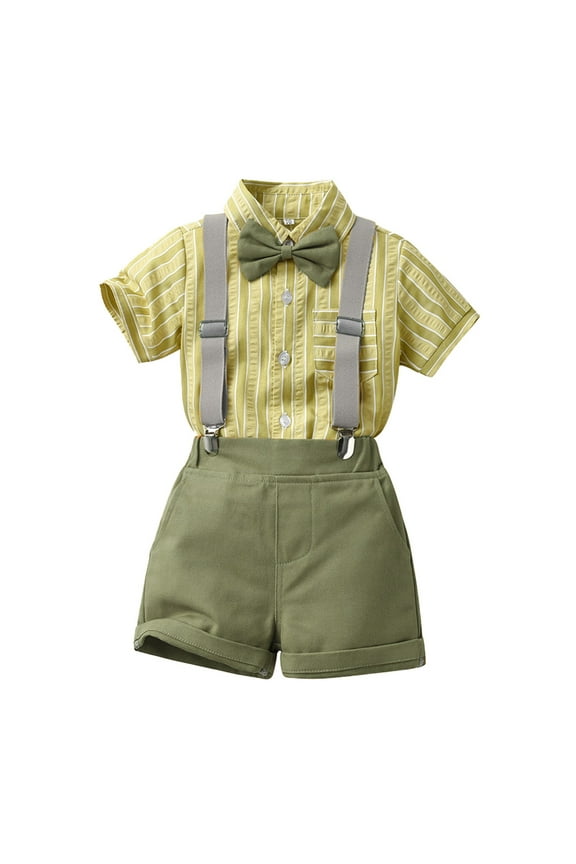 Baby Boy Formal Shorts Set Toddler Boy Summer Gentleman Outfits Kids Short Sleeve Bowtie Shirt Suspender Shorts Suit Green,12-18 Months