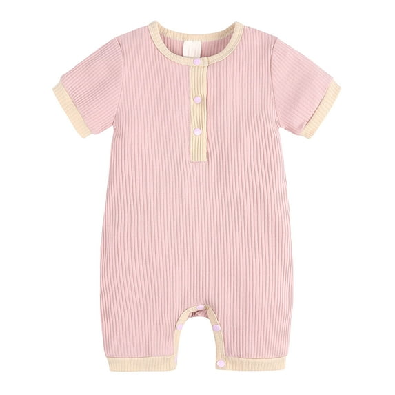 Sopiago Baby Boy Knit Cotton Romper Summer Jumpsuits Ribbed Short Sleeve Bodysuit Baby Boy One Piece Outfits (Pink,12-18 Months)