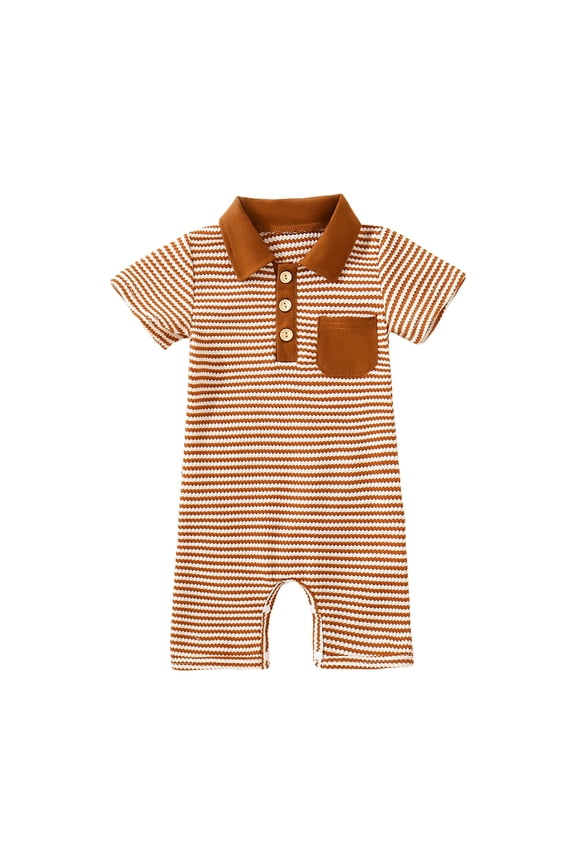 Baby Boy Polo Romper Short Sleeve Stripe Print Baby Boy Bodysuit Jumpsuit Collared Onesies One-Piece Outfit (Khaki,6-12 Months)