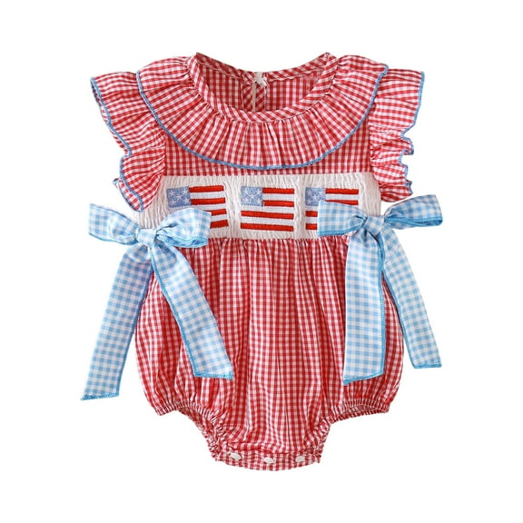 Sopiago Baby Fourth of July Outfit Girl American Flag Bubble Romper Bowknot Ruffle Bodysuit Smocked Toddler Baby Girl Clothes Red,12-18 Months