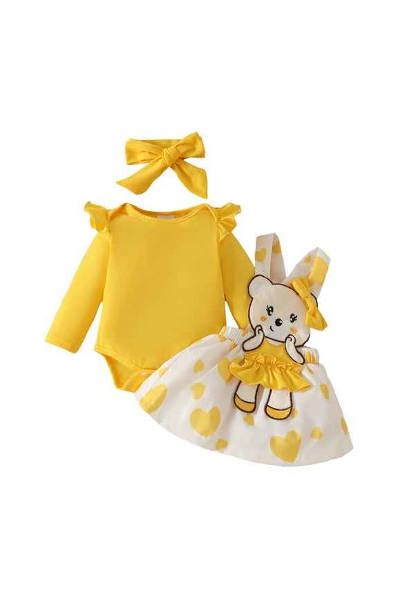 Baby Girl Clothes Fall Spring Outfits Long Sleeve Ruffle Romper Love Suspender Skirt Set 0-3 Months,Yellow