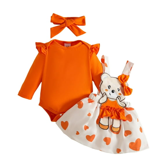 Sopiago Baby Girl Clothes Fall Spring Outfits Long Sleeve Ruffle Romper Love Suspender Skirt Set 12-18 Months,Orange