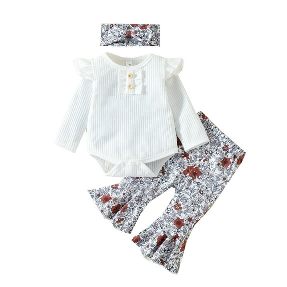 Sopiago Baby Girl Clothes Girl Outfits Long Sleeve Ruffle Romper + Floral Pants + Headband Set 9-12 Months,White